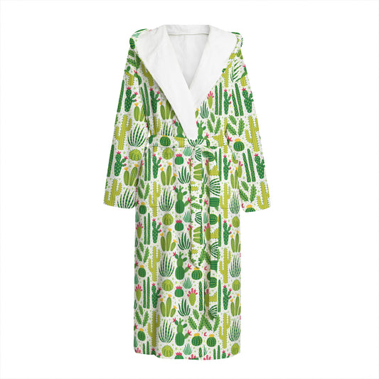 White Cactus Plant Pattern Print Hooded Bathrobe