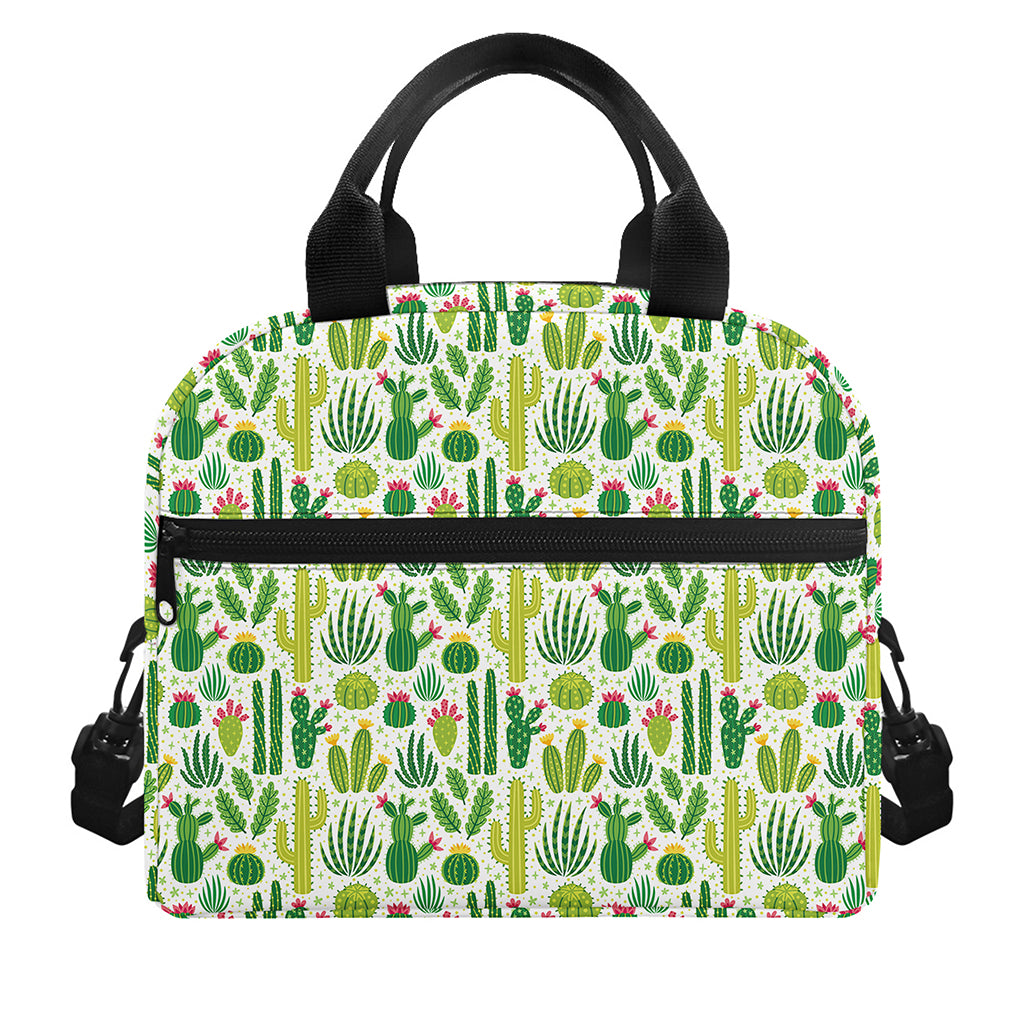 White Cactus Plant Pattern Print Insulated Lunch Bag
