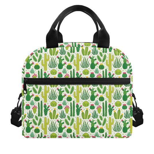 White Cactus Plant Pattern Print Insulated Lunch Bag