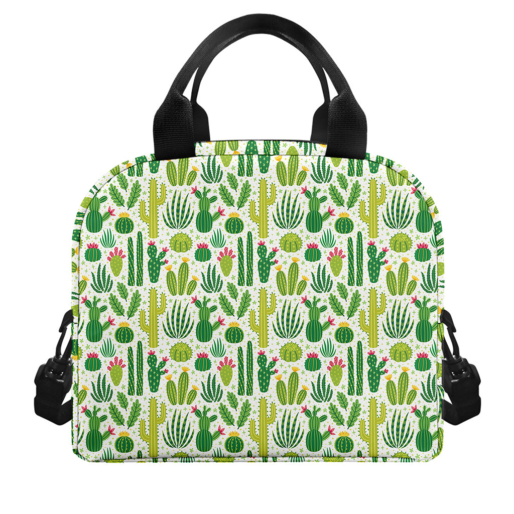 White Cactus Plant Pattern Print Insulated Lunch Bag