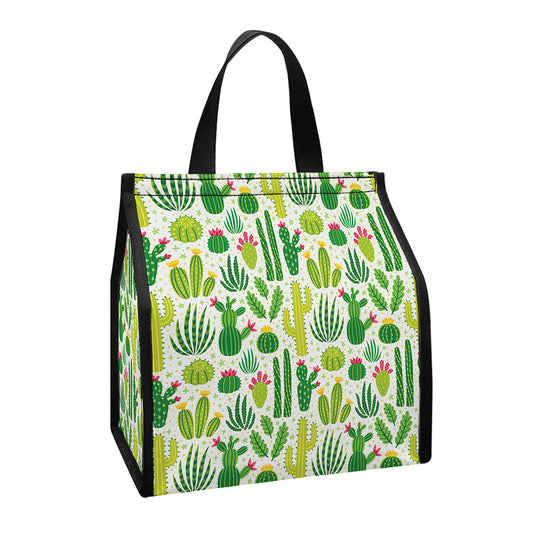 White Cactus Plant Pattern Print Insulated Lunch Tote