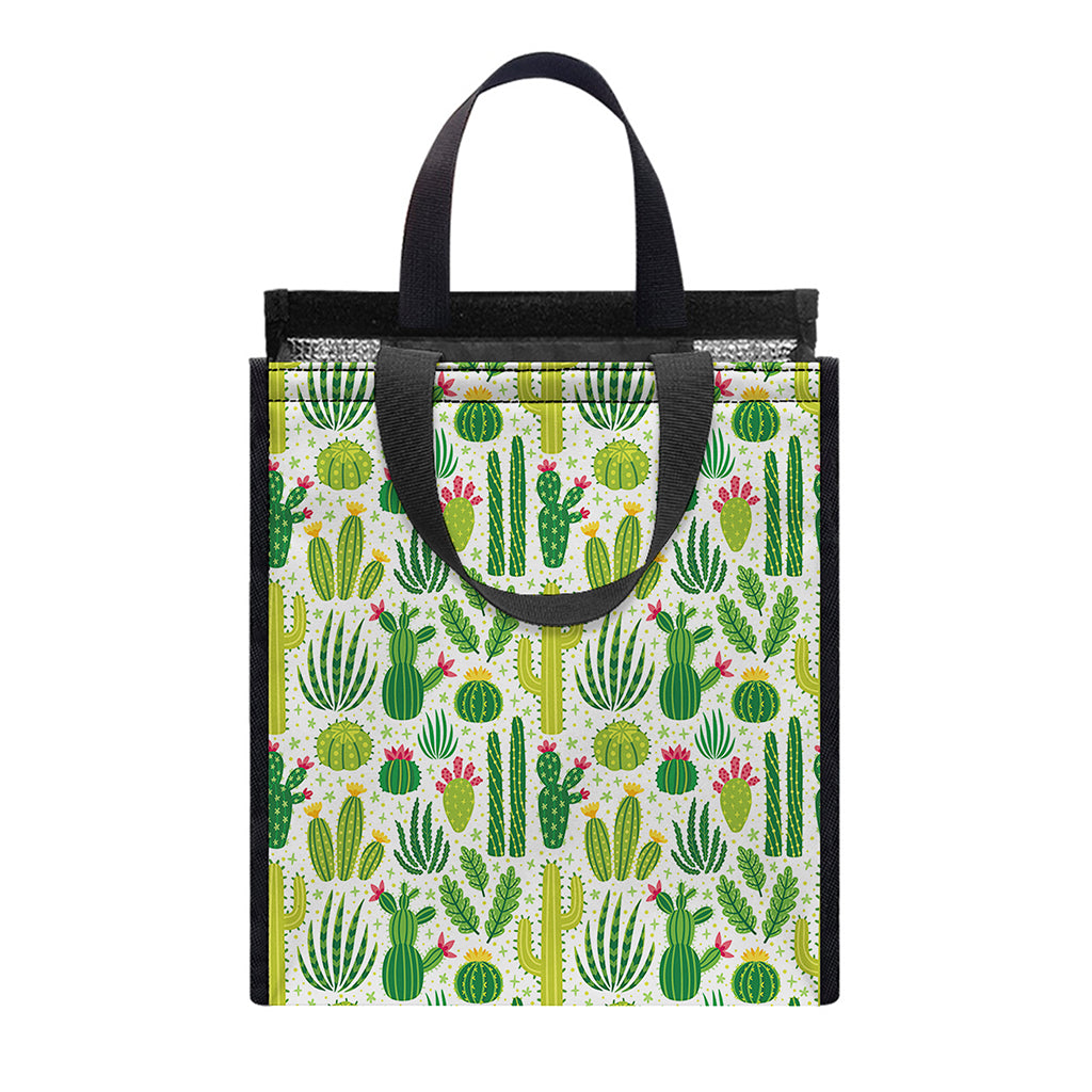 White Cactus Plant Pattern Print Insulated Lunch Tote
