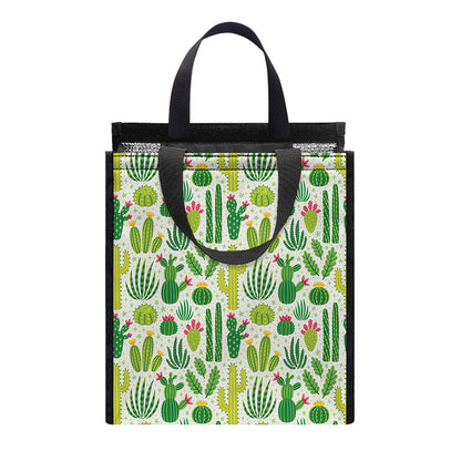 White Cactus Plant Pattern Print Insulated Lunch Tote