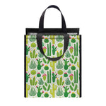 White Cactus Plant Pattern Print Insulated Lunch Tote
