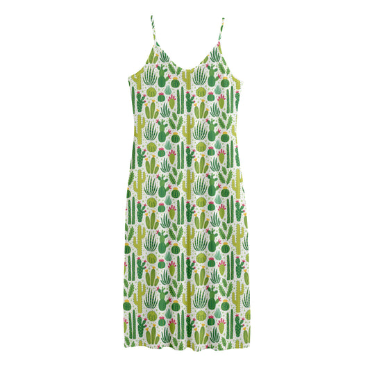 White Cactus Plant Pattern Print Jersey Midi Cami Dress