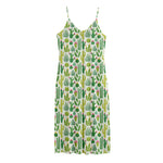 White Cactus Plant Pattern Print Jersey Midi Cami Dress