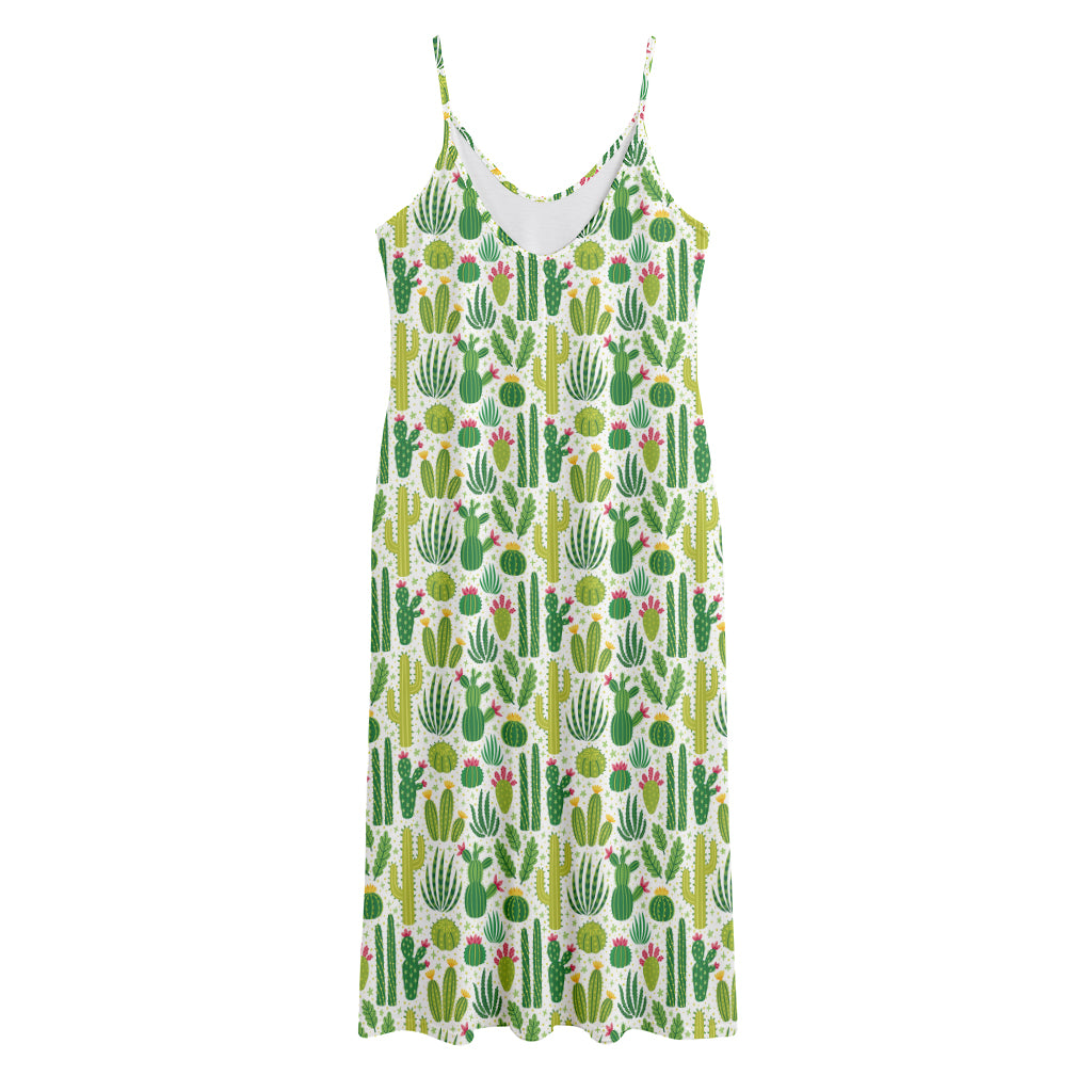 White Cactus Plant Pattern Print Jersey Midi Cami Dress