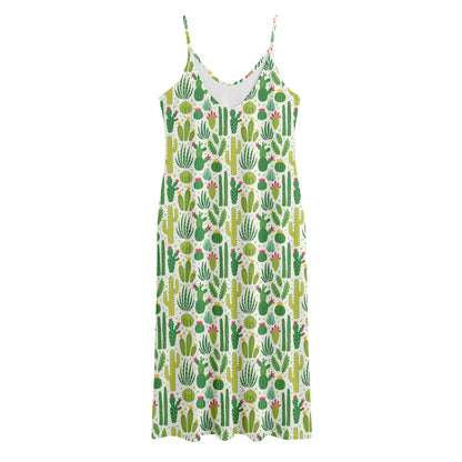 White Cactus Plant Pattern Print Jersey Midi Cami Dress