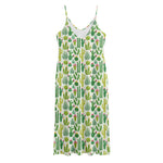 White Cactus Plant Pattern Print Jersey Midi Cami Dress