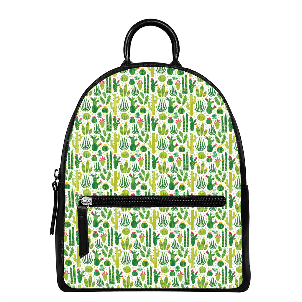 White Cactus Plant Pattern Print Leather Backpack