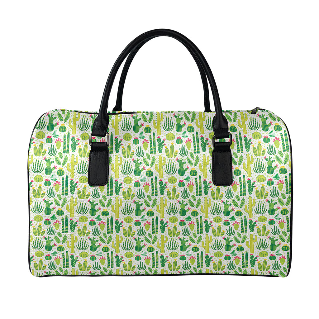 White Cactus Plant Pattern Print Leather Duffle Bag