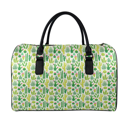 White Cactus Plant Pattern Print Leather Duffle Bag