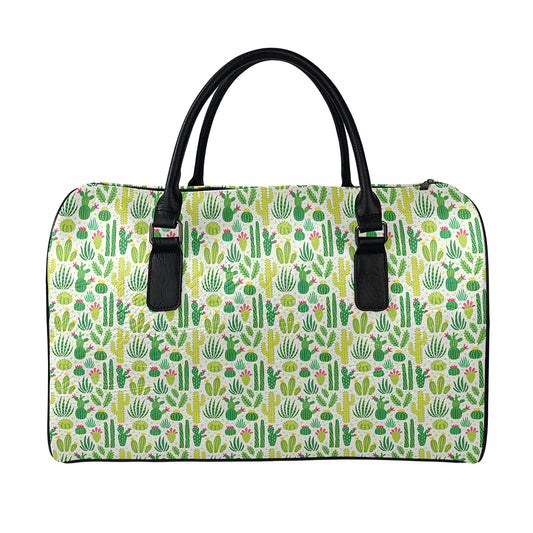 White Cactus Plant Pattern Print Leather Duffle Bag