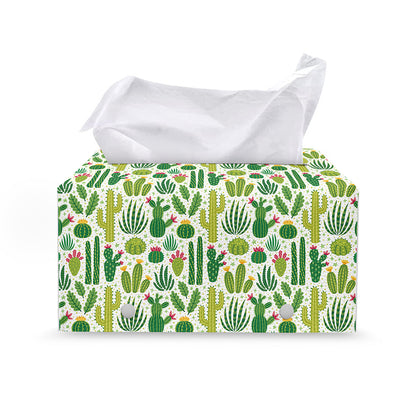 White Cactus Plant Pattern Print Leather Tissue Box Cover