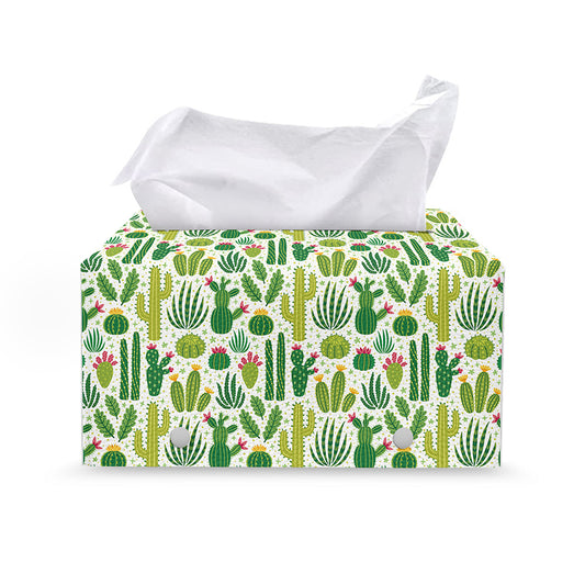 White Cactus Plant Pattern Print Leather Tissue Box Cover