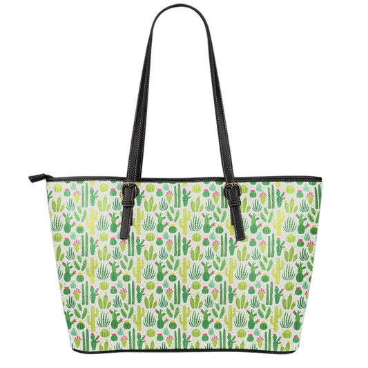 White Cactus Plant Pattern Print Leather Tote Bag