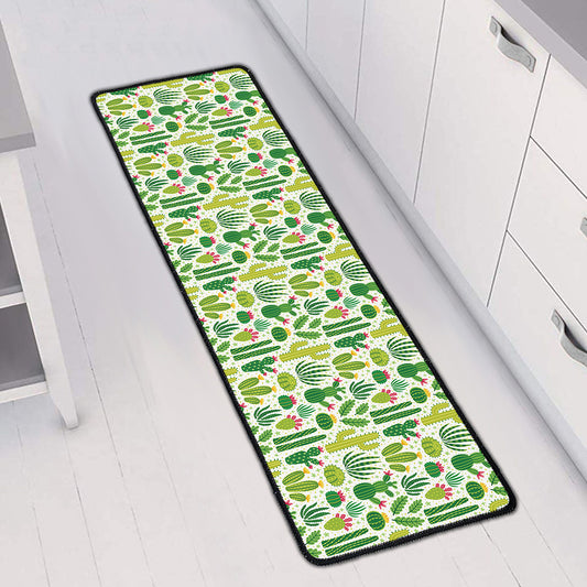 White Cactus Plant Pattern Print Long Kitchen Mat