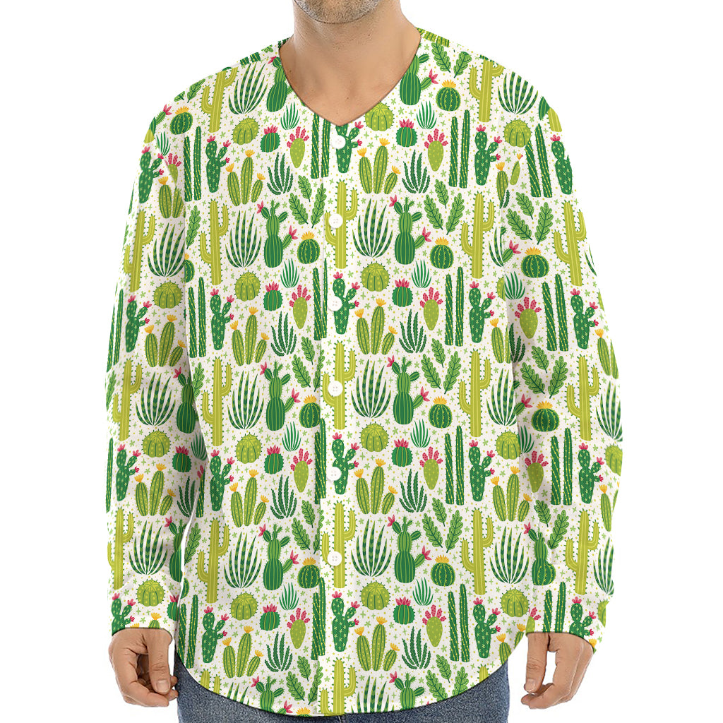 White Cactus Plant Pattern Print Long Sleeve Baseball Jersey