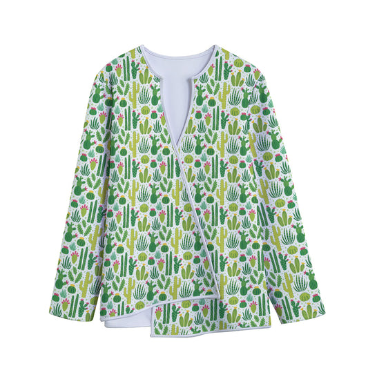 White Cactus Plant Pattern Print Long Sleeve Short Coat