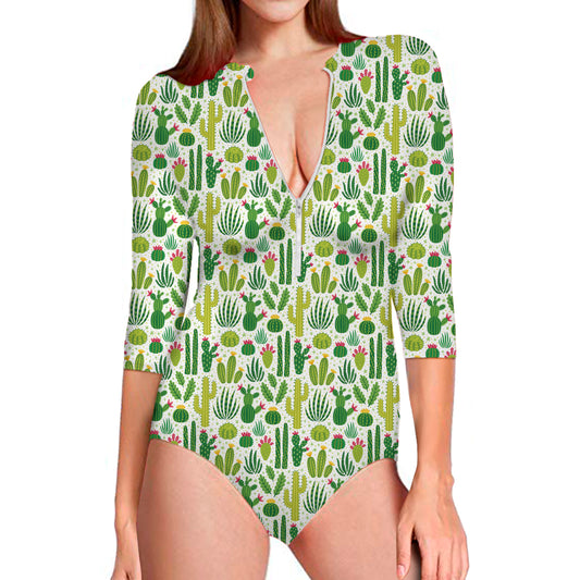 White Cactus Plant Pattern Print Long Sleeve Swimsuit