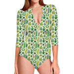 White Cactus Plant Pattern Print Long Sleeve Swimsuit