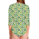 White Cactus Plant Pattern Print Long Sleeve Swimsuit