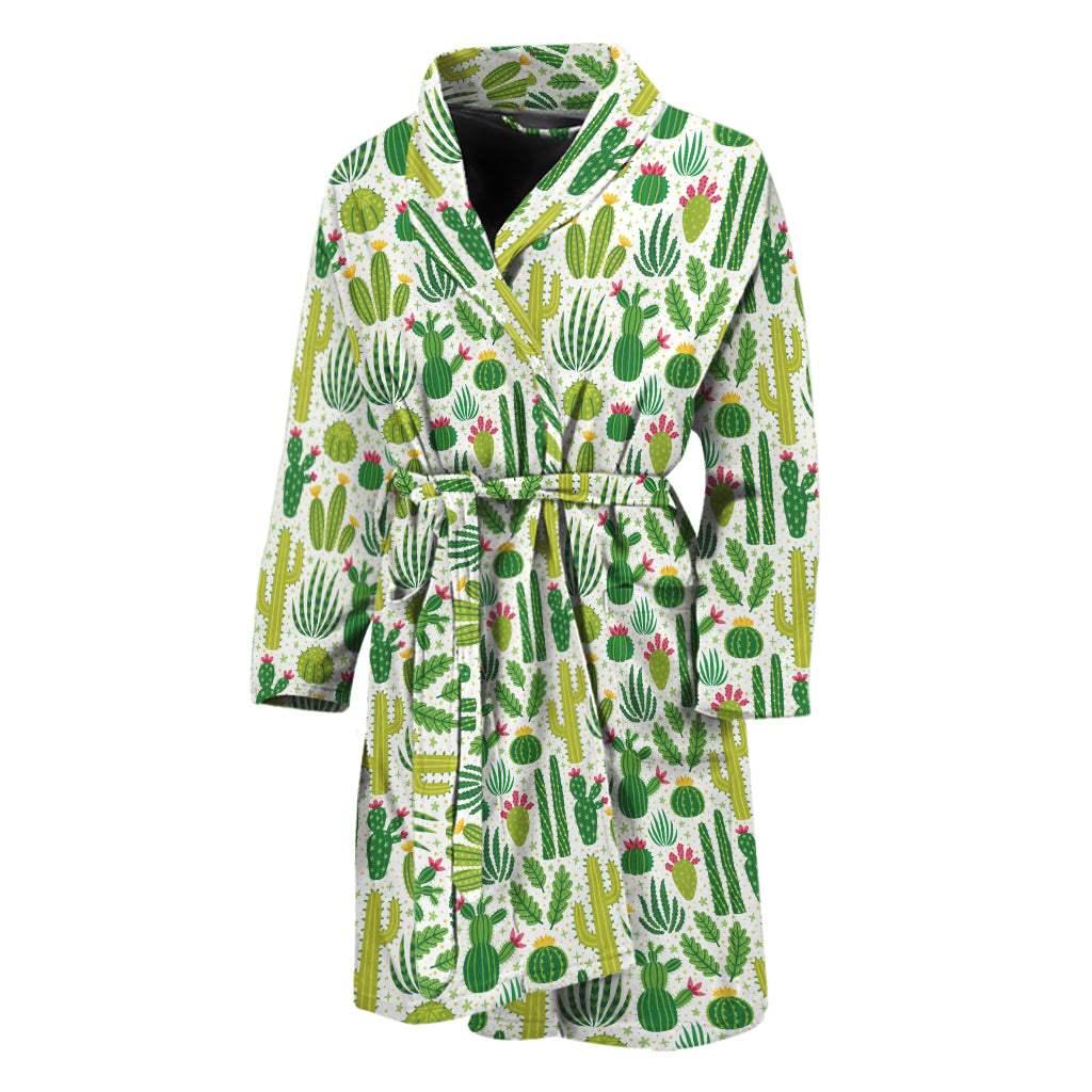 White Cactus Plant Pattern Print Men's Bathrobe