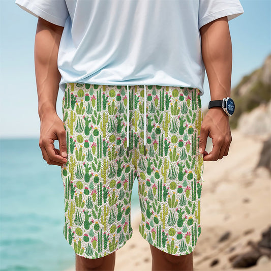 White Cactus Plant Pattern Print Men's Cargo Shorts