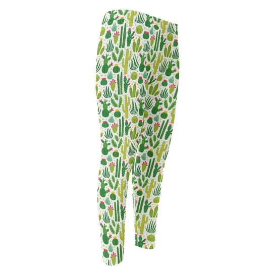 White Cactus Plant Pattern Print Men's Compression Pants