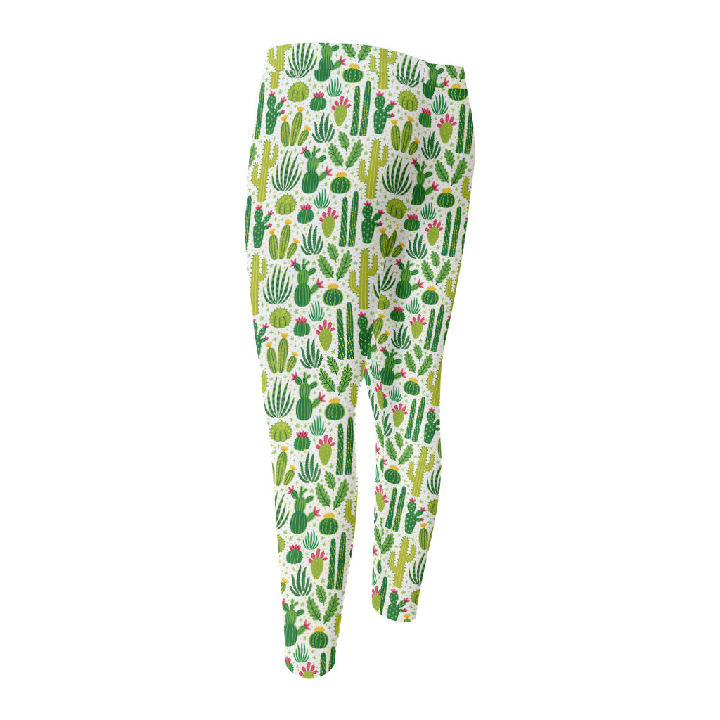 White Cactus Plant Pattern Print Men's Compression Pants
