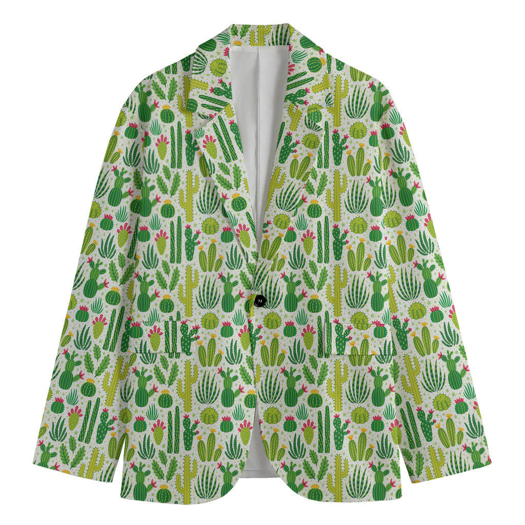 White Cactus Plant Pattern Print Men's Cotton Blazer