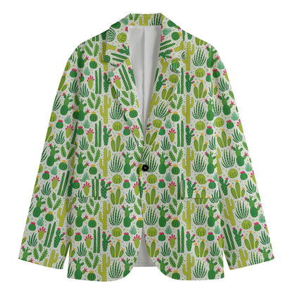 White Cactus Plant Pattern Print Men's Cotton Blazer