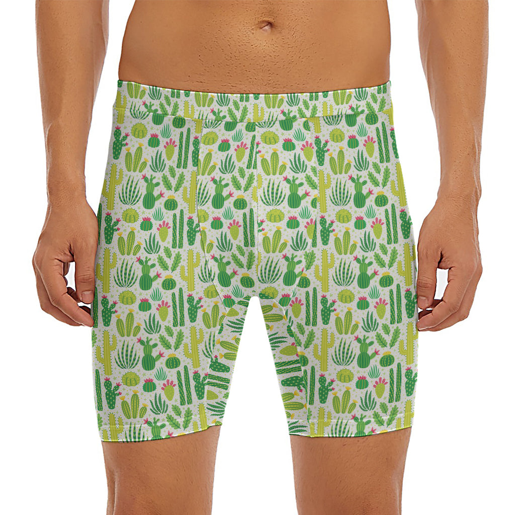 White Cactus Plant Pattern Print Men's Long Boxer Briefs