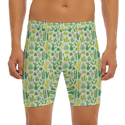 White Cactus Plant Pattern Print Men's Long Boxer Briefs