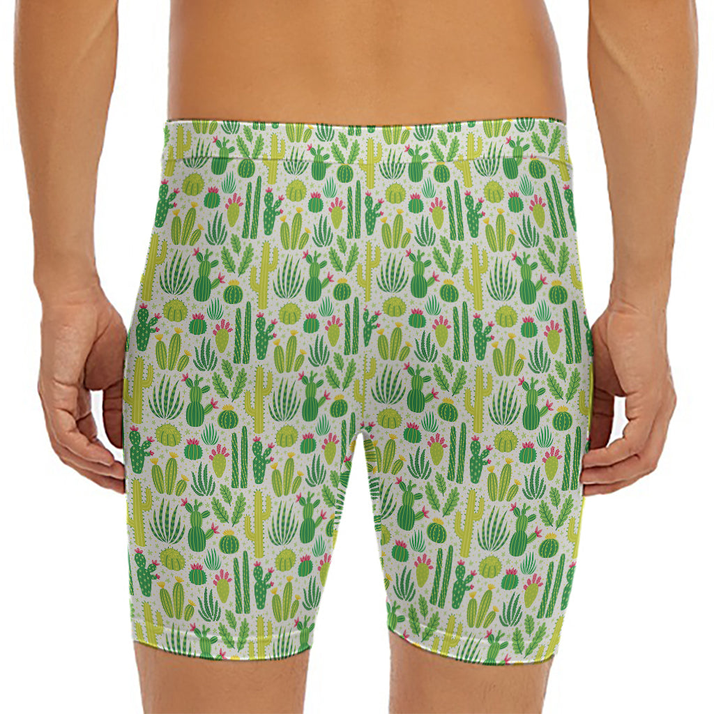 White Cactus Plant Pattern Print Men's Long Boxer Briefs