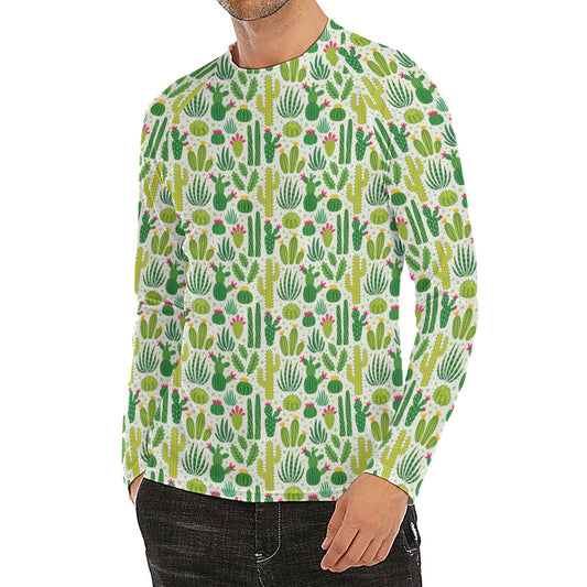 White Cactus Plant Pattern Print Men's Long Sleeve Rash Guard