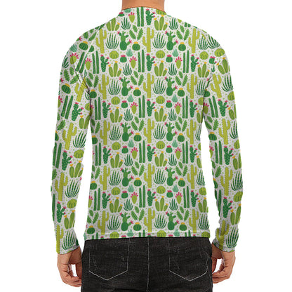 White Cactus Plant Pattern Print Men's Long Sleeve Rash Guard