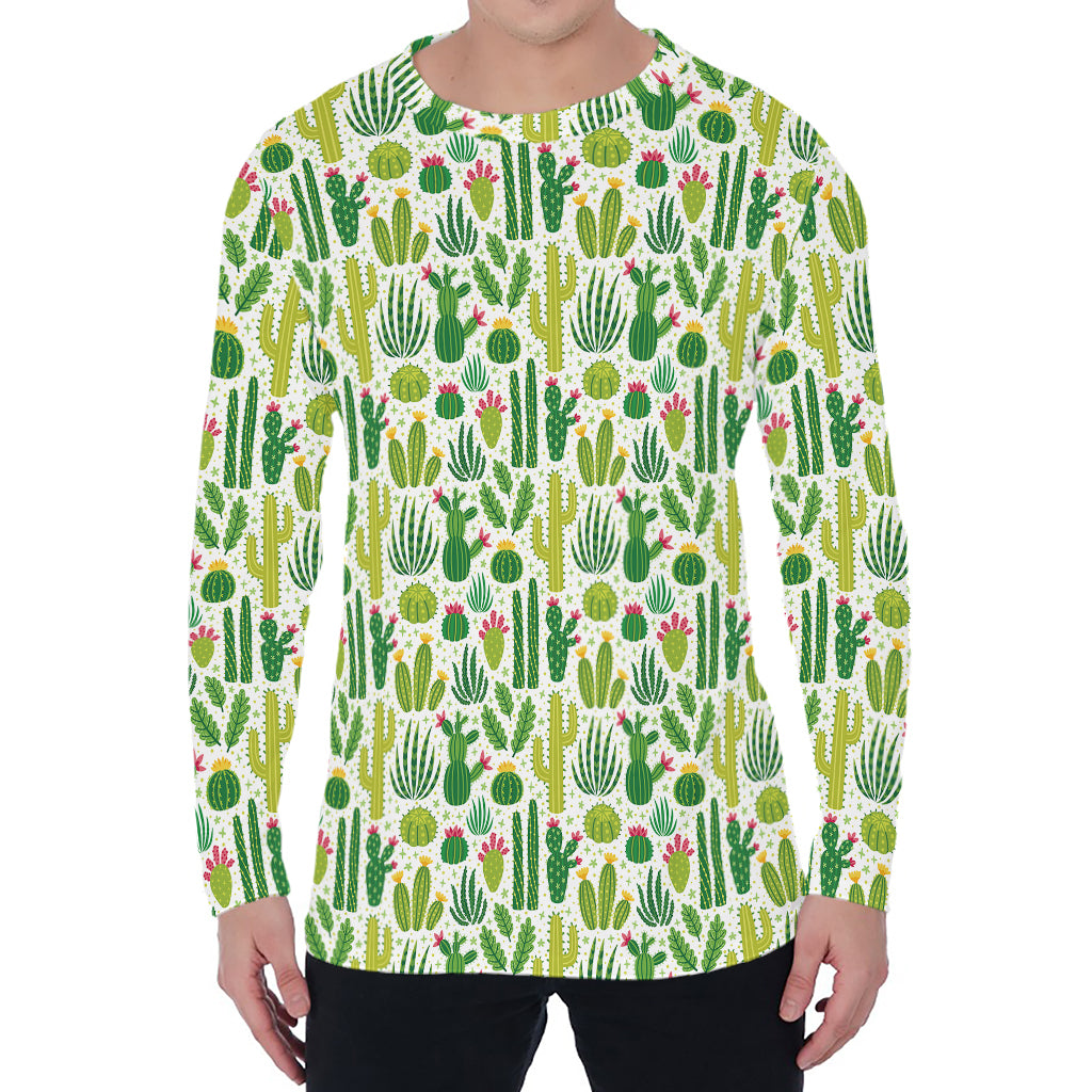 White Cactus Plant Pattern Print Men's Long Sleeve T-Shirt