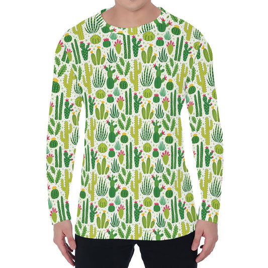 White Cactus Plant Pattern Print Men's Long Sleeve T-Shirt