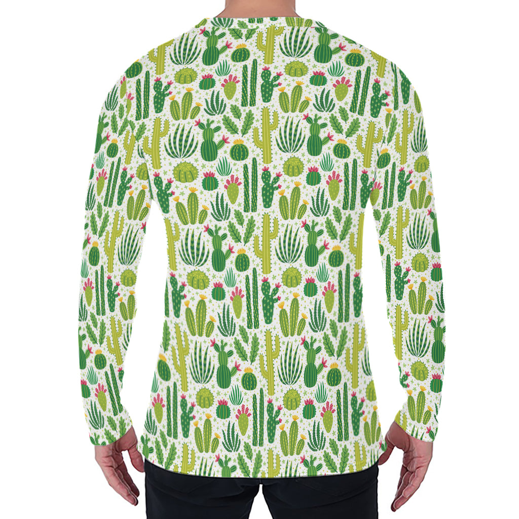 White Cactus Plant Pattern Print Men's Long Sleeve T-Shirt