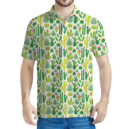 White Cactus Plant Pattern Print Men's Polo Shirt