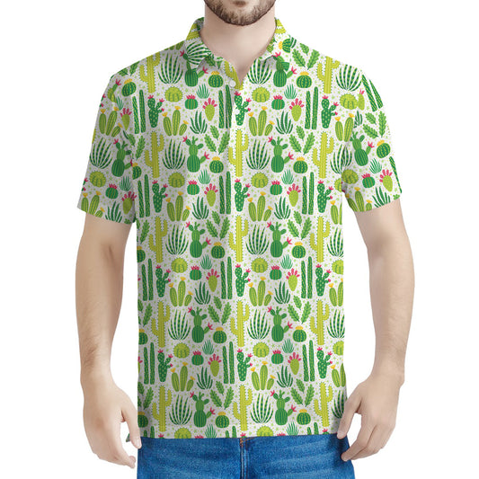 White Cactus Plant Pattern Print Men's Polo Shirt