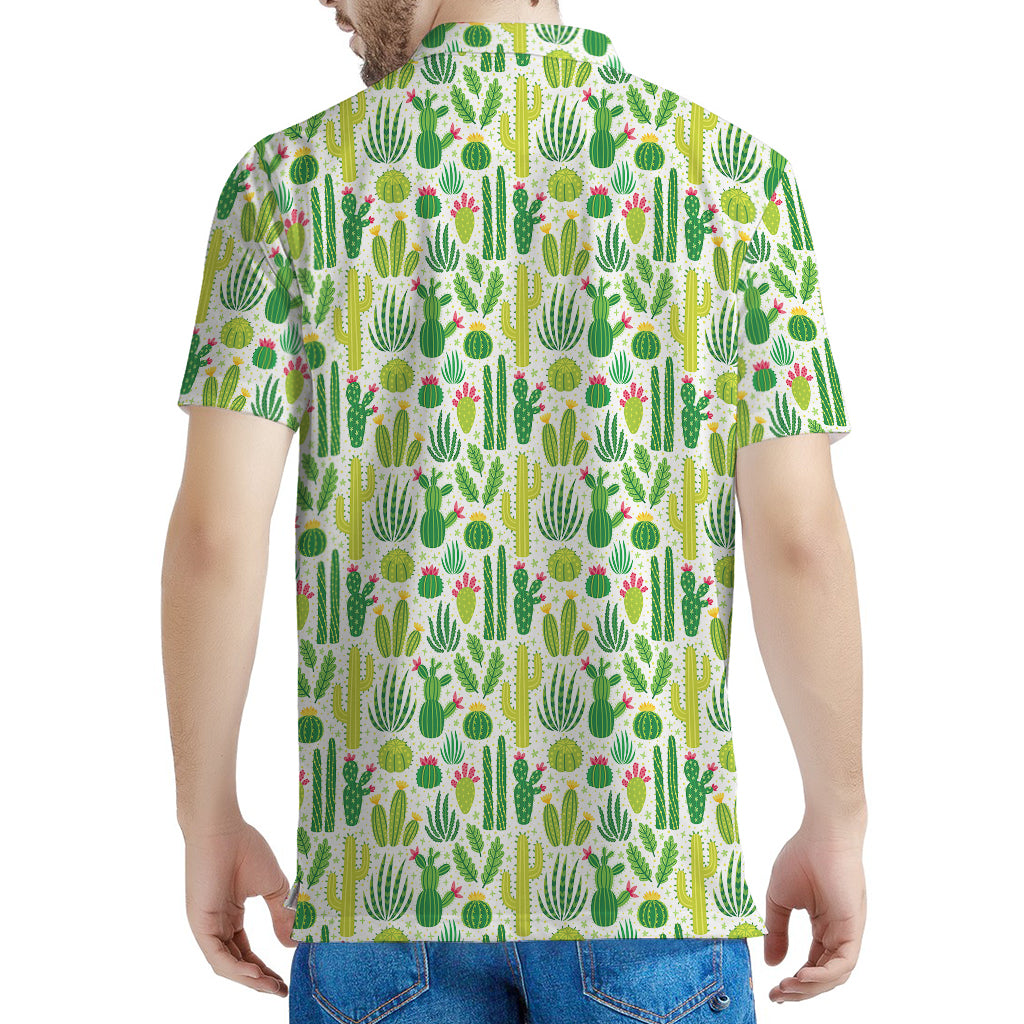 White Cactus Plant Pattern Print Men's Polo Shirt