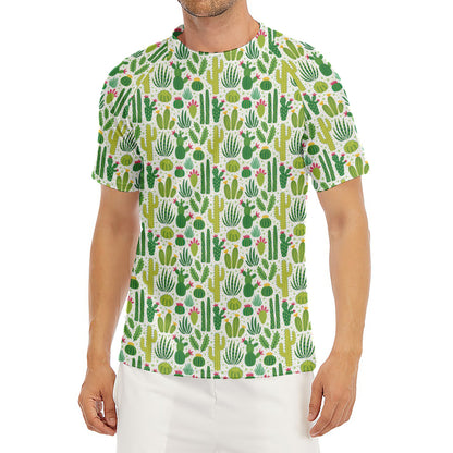 White Cactus Plant Pattern Print Men's Short Sleeve Rash Guard