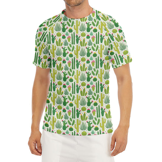 White Cactus Plant Pattern Print Men's Short Sleeve Rash Guard