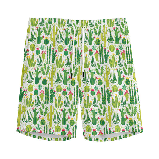 White Cactus Plant Pattern Print Men's Sports Shorts