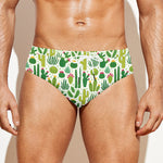 White Cactus Plant Pattern Print Men's Swim Briefs
