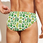 White Cactus Plant Pattern Print Men's Swim Briefs