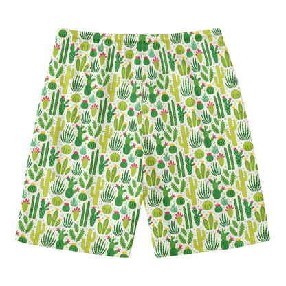 White Cactus Plant Pattern Print Men's Swim Trunks