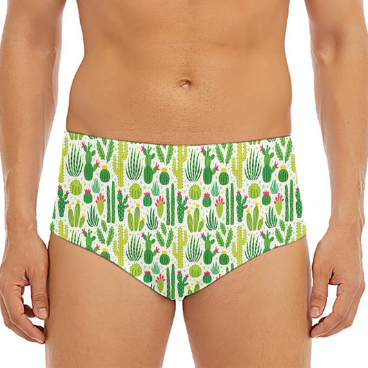 White Cactus Plant Pattern Print Men's Triangle Swim Briefs